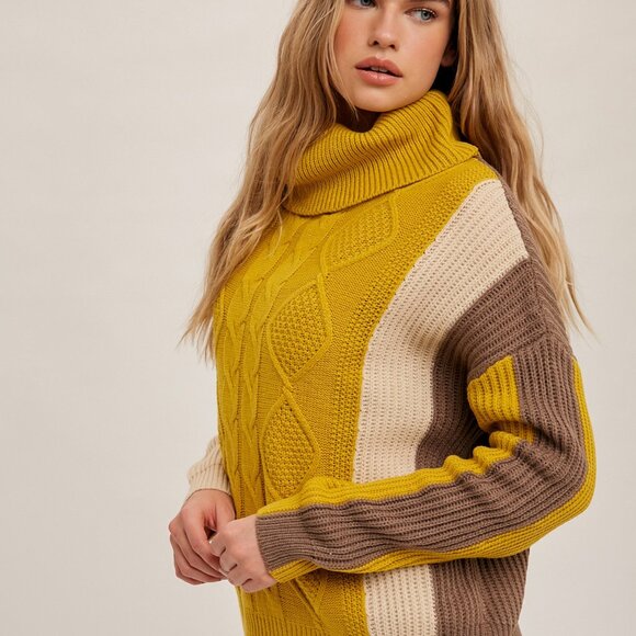HEM & THREAD Mustard Brown Cream Colorblock Turtleneck Sweater, Chunky Cable - Picture 7 of 9